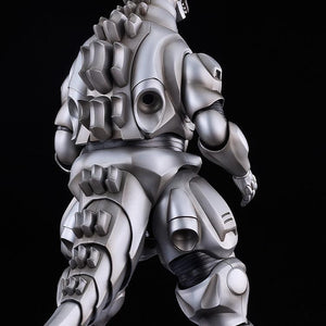 Rear studio view of the standalone Moderoid Mechagodzilla model kit highlighting dorsal fin armor and tail thrusters.