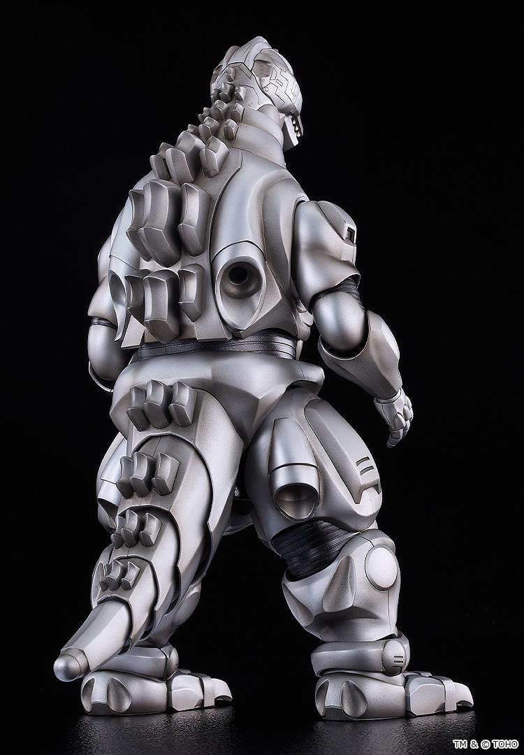 Rear studio view of the standalone Moderoid Mechagodzilla model kit highlighting dorsal fin armor and tail thrusters.