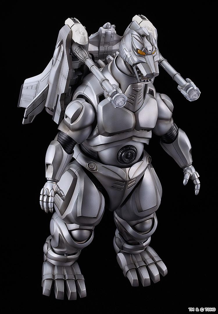 High-angle front view of the assembled Moderoid Super Mechagodzilla model kit displaying chest armor and attached Garuda wings.