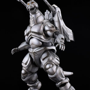 Moderoid Super Mechagodzilla model kit posed looking upward in a roaring stance with shoulder cannons raised.