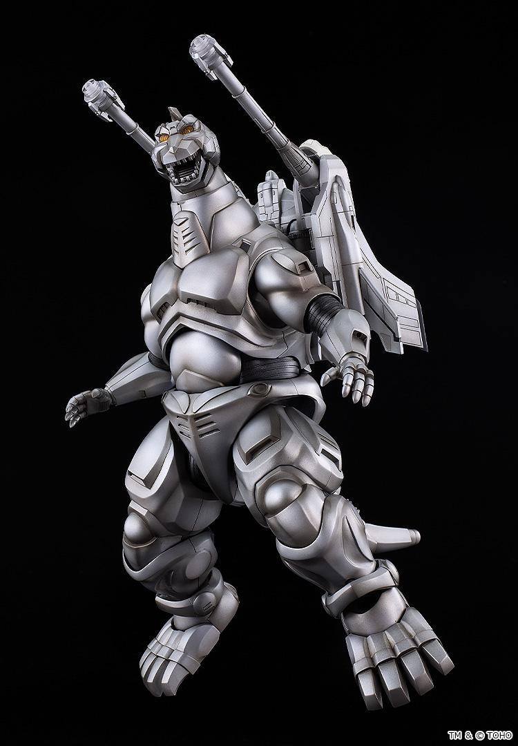 Moderoid Super Mechagodzilla model kit posed looking upward in a roaring stance with shoulder cannons raised.