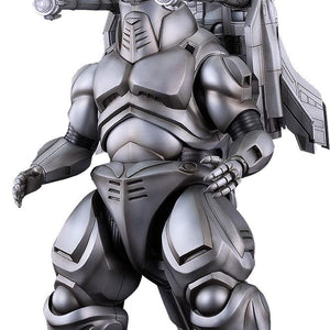 Full-body studio portrait of the Moderoid Super Mechagodzilla assembled model kit with shoulder cannons pointed forward.