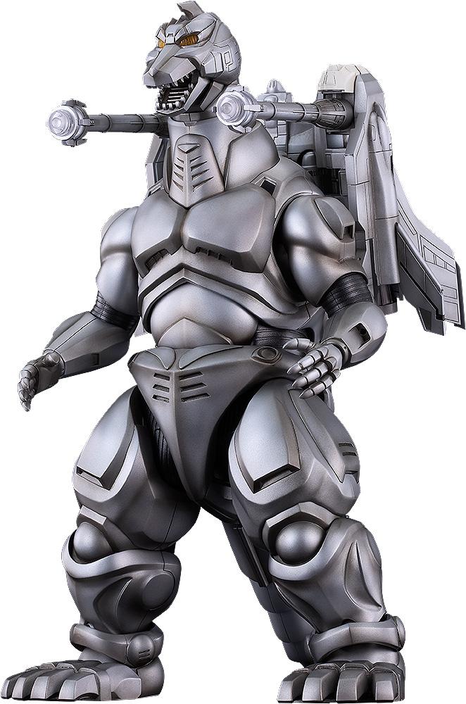 Full-body studio portrait of the Moderoid Super Mechagodzilla assembled model kit with shoulder cannons pointed forward.