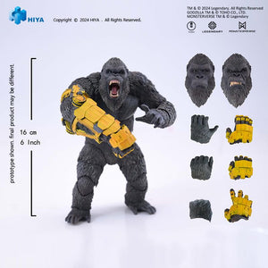 Full studio overview of HIYA Exquisite Basic Kong 6-inch figure with height marker, extra head sculpts, and interchangeable hands.