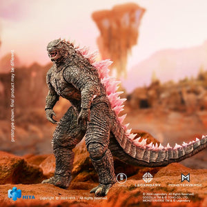 Three-quarter view of HIYA Exquisite Basic Godzilla Evolved figure showcasing its long articulated tail and pink back fins.