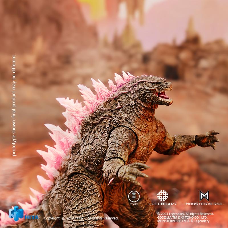 Close-up side profile shot of roaring HIYA Exquisite Basic Godzilla Evolved action figure highlighting pink translucent spines.