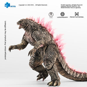Full body side view of HIYA Exquisite Basic Godzilla Evolved action figure featuring pink translucent energy dorsal fins on white background.