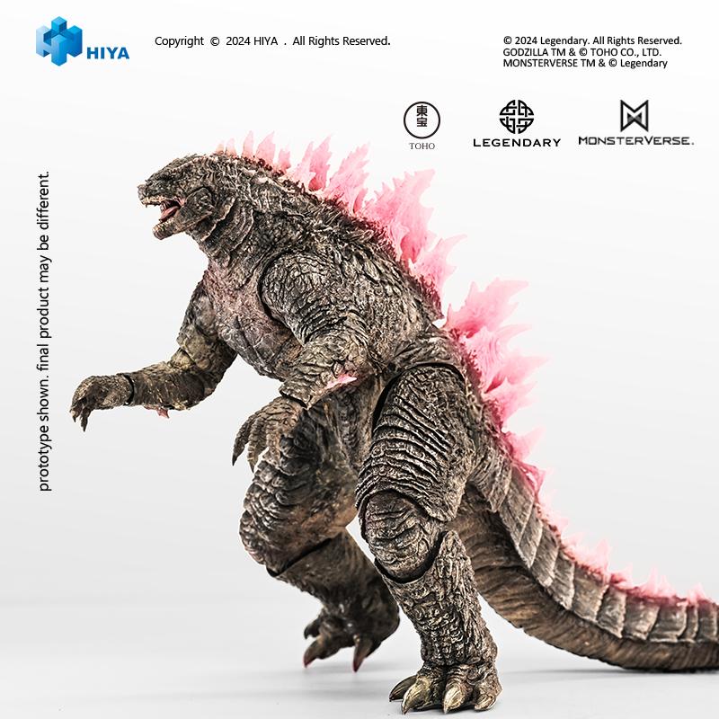 Full body side view of HIYA Exquisite Basic Godzilla Evolved action figure featuring pink translucent energy dorsal fins on white background.