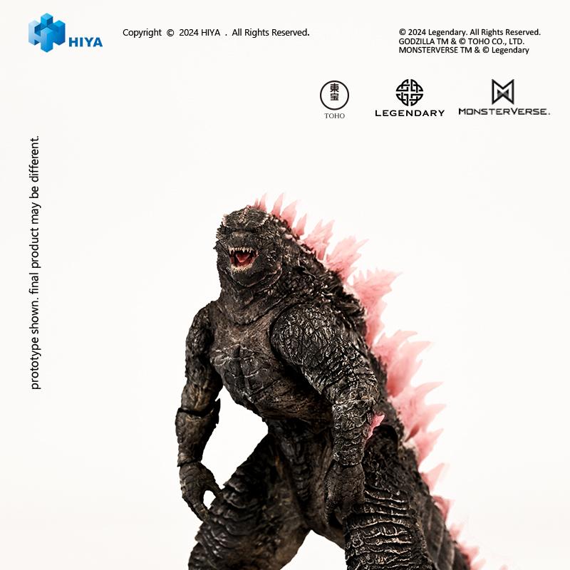 Front angle close-up of HIYA Exquisite Basic Godzilla Evolved figure roaring with open jaws on plain background.