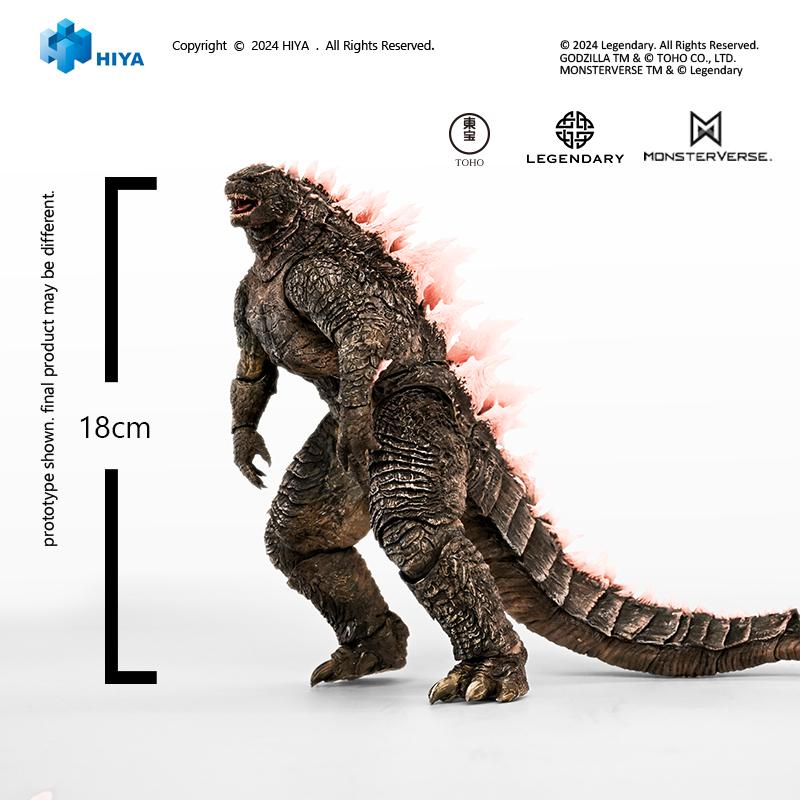 Full body studio shot of HIYA Exquisite Basic Godzilla Evolved 7-inch figure with 18cm height marker on white background.