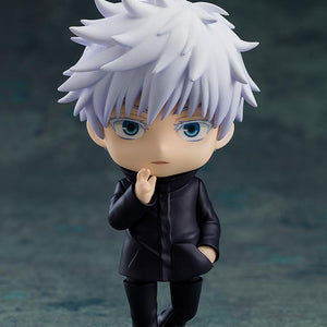 Satoru Gojo Nendoroid figure with his eye mask removed, revealing his spiked white hair and detailed bright blue Six Eyes.