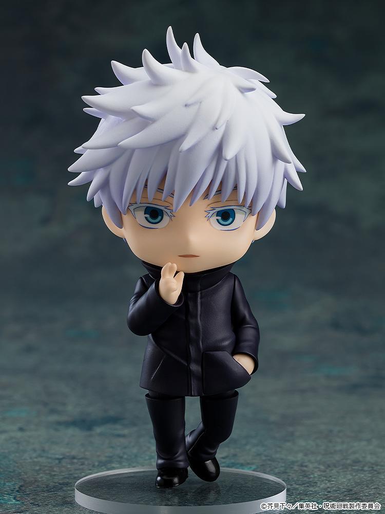 Satoru Gojo Nendoroid figure with his eye mask removed, revealing his spiked white hair and detailed bright blue Six Eyes.