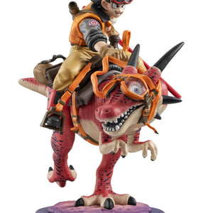 Close-up angled front view of the Son Goku 01 figure, showing the dinosaur's goggles and Goku's determined expression.