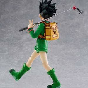 Rear view of the Gon Freecss Pop Up Parade L size figure showcasing the intricate sculpt of his spiky black hair and detailed yellow backpack with red accents.