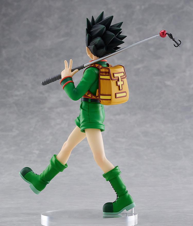Rear view of the Gon Freecss Pop Up Parade L size figure showcasing the intricate sculpt of his spiky black hair and detailed yellow backpack with red accents.