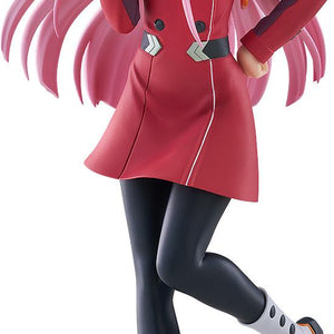 Product cutout of Good Smile Company Darling in the Franxx Zero Two Pop Up Parade L figure in red uniform holding a lollipop on a white background.