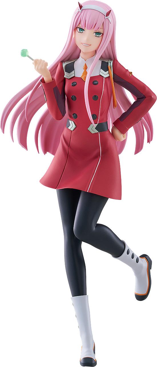 Product cutout of Good Smile Company Darling in the Franxx Zero Two Pop Up Parade L figure in red uniform holding a lollipop on a white background.