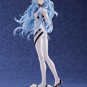 Angled view of the Rei Ayanami Voyage End figure highlighting the delicate modeling of the flowing hair and the detailed white and black plugsuit design.