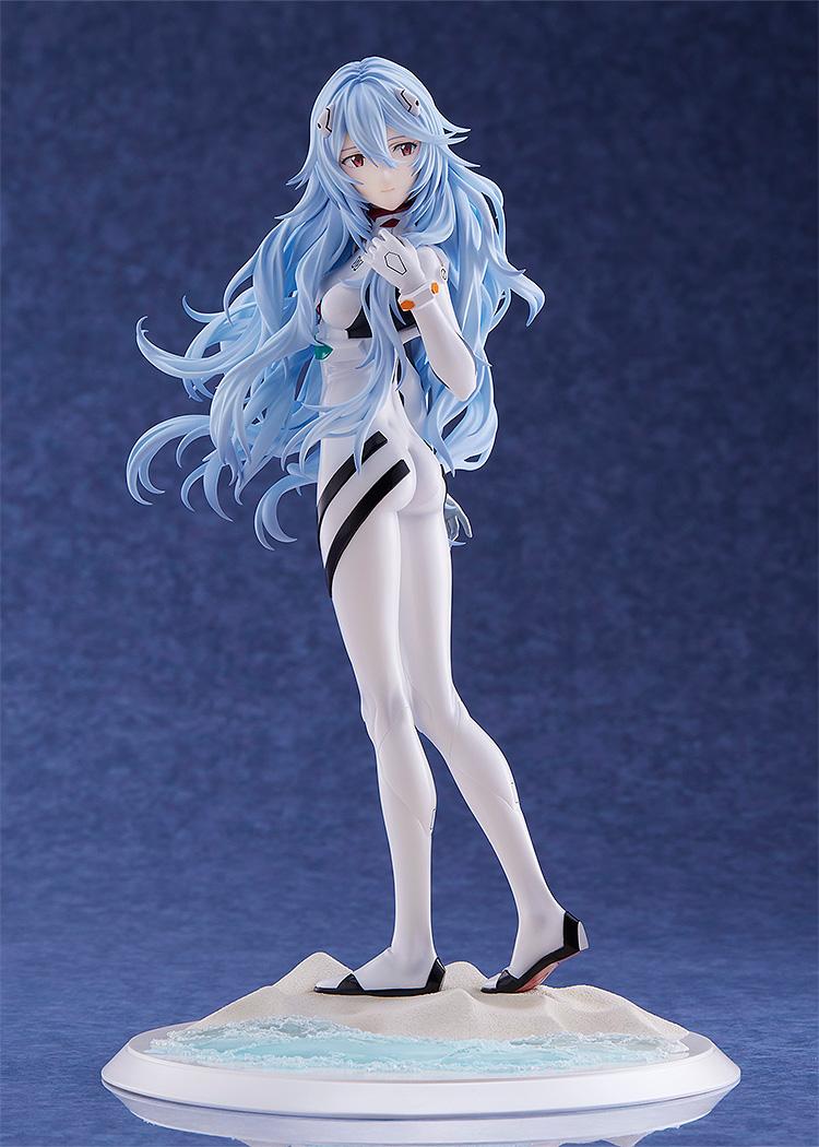 Angled view of the Rei Ayanami Voyage End figure highlighting the delicate modeling of the flowing hair and the detailed white and black plugsuit design.