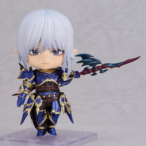 Full front studio view of the Final Fantasy XIV Estinien Nendoroid figure in blue Drachen armor on a clear display base.