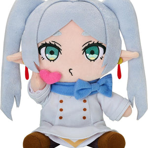Soft polyester Frieren plush by Good Smile Company with green eyes, blue bow, and signature white outfit.
