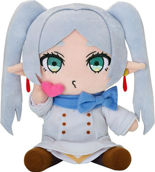 Soft polyester Frieren plush by Good Smile Company with green eyes, blue bow, and signature white outfit.