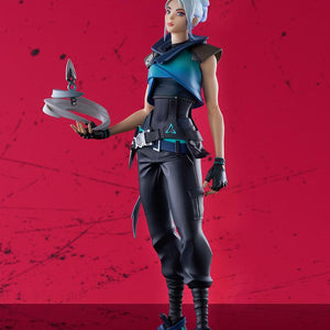 Good Smile Company Jett figure standing in full pose against dynamic red Valorant themed background