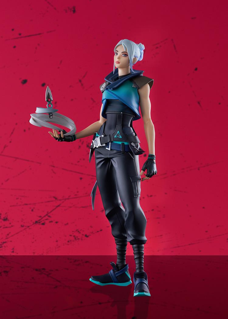 Good Smile Company Jett figure standing in full pose against dynamic red Valorant themed background