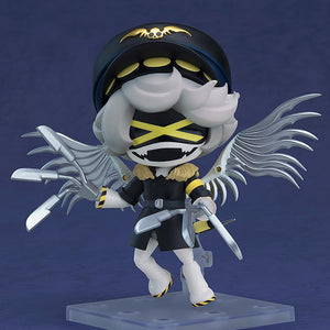 Murder Drones N Nendoroid figure in combat mode featuring yellow X-eyes faceplate, silver blade wings, and claw hands.