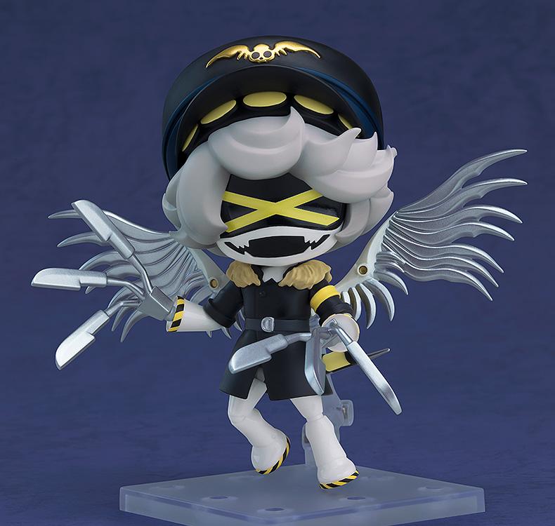 Murder Drones N Nendoroid figure in combat mode featuring yellow X-eyes faceplate, silver blade wings, and claw hands.