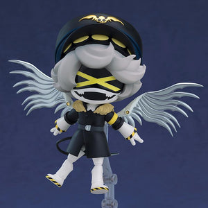 Mid-air flight pose of Murder Drones N Nendoroid with extended silver blade wings and grinning combat visor.