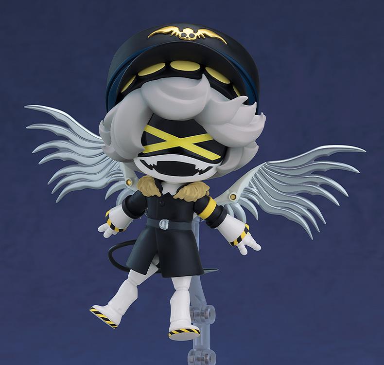 Mid-air flight pose of Murder Drones N Nendoroid with extended silver blade wings and grinning combat visor.