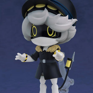 Murder Drones N Nendoroid figure displaying frightened faceplate with wide hollow yellow ring eyes and reaching hands.
