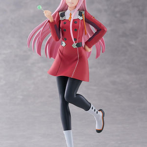 Full front studio view of the Good Smile Company Pop Up Parade L Size Zero Two figure posed on a clear round display base.