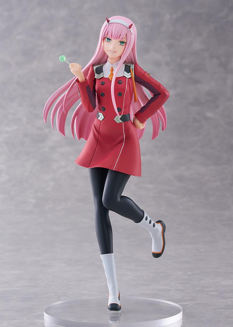 Full front studio view of the Good Smile Company Pop Up Parade L Size Zero Two figure posed on a clear round display base.