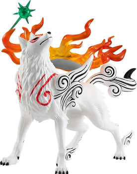 Close-up front studio shot of the Good Smile Company Pop Up Parade Amaterasu figure from Okami, showing the white wolf with red markings, swirling ink-style shoulders, and the tiny green sprite Issun perched above her.