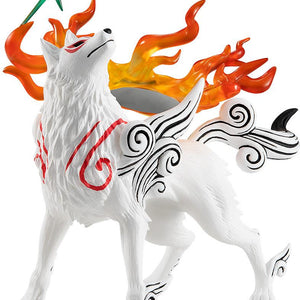 Close-up front studio shot of the Good Smile Company Pop Up Parade Amaterasu figure from Okami, showing the white wolf with red markings, swirling ink-style shoulders, and the tiny green sprite Issun perched above her.