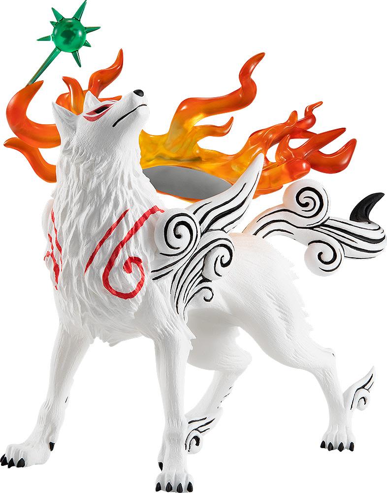 Close-up front studio shot of the Good Smile Company Pop Up Parade Amaterasu figure from Okami, showing the white wolf with red markings, swirling ink-style shoulders, and the tiny green sprite Issun perched above her.