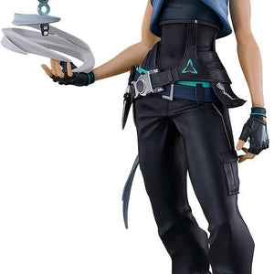 Good Smile Company Pop Up Parade SP Jett figure from Valorant isolated on white background holding floating dagger and wind effect