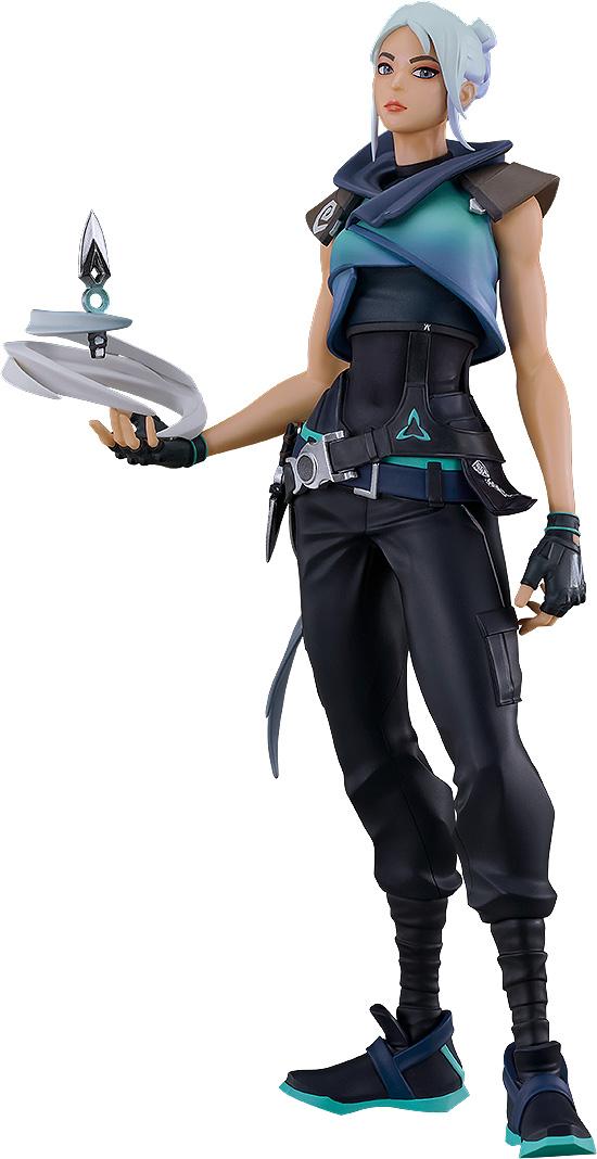 Good Smile Company Pop Up Parade SP Jett figure from Valorant isolated on white background holding floating dagger and wind effect