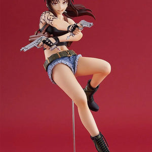 Full-length shot of the Revy POP UP PARADE L figure against a red background, showcasing the 8.3-inch tall plastic sculpt and combat boots.