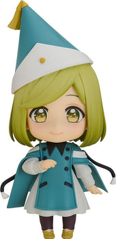 Front product view of the Good Smile Company Witch Hat Atelier Coco Nendoroid figure, featuring her green hair, large yellow eyes, pointy blue witch hat, and teal magical uniform on a clean white background.