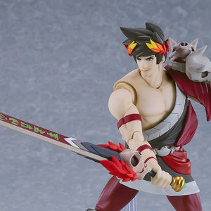 Close-up of the Zagreus figma figure, displaying the swappable "smirking" face plate and holding the Stygian Blade ready to strike.