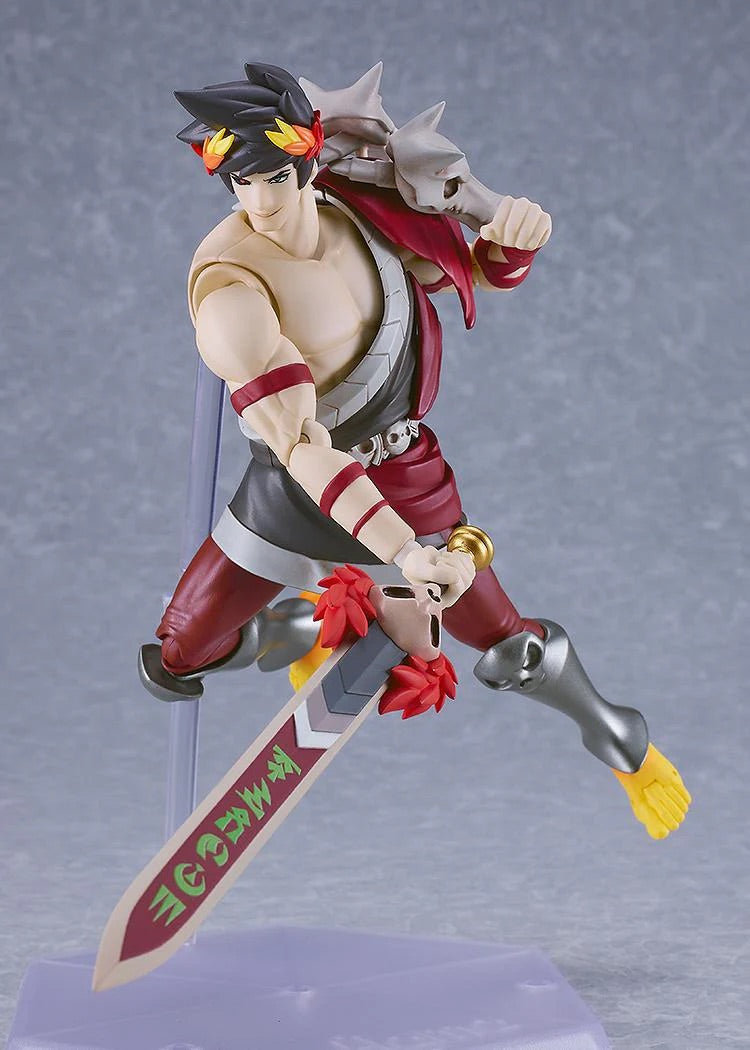 Dynamic shot of the Zagreus figma figure mid-leap with the Stygian Blade (Stygius), demonstrating its full articulation and an action pose.