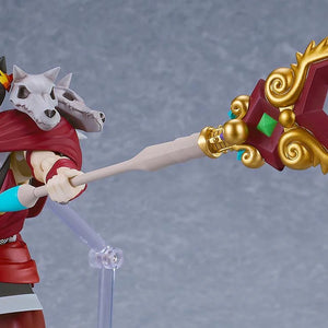 Mid-range shot of the Zagreus figma figure wielding the highly detailed Eternal Spear (Gigaros) accessory.