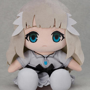 Front view product shot of the adorable Lily plushie from the Ender Lilies video game sitting against a grey studio backdrop.