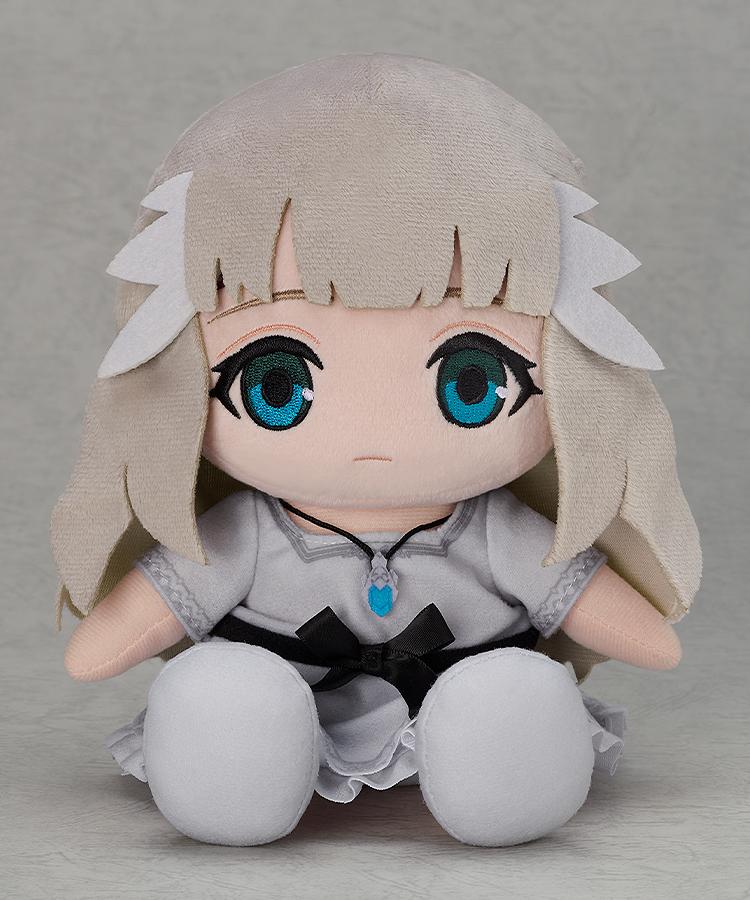 Front view product shot of the adorable Lily plushie from the Ender Lilies video game sitting against a grey studio backdrop.