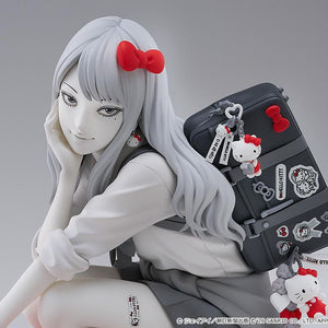 Detailed portrait close-up of Gyaru Tomie featuring her beauty mark, Hello Kitty earring, red ribbon, and sticker-covered school bag.
