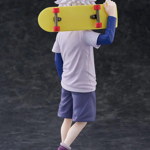 Rear view of the Killua Zoldyck figure, showing the back of his outfit and the back of the skateboard covering his head.