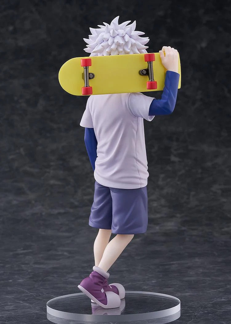 Rear view of the Killua Zoldyck figure, showing the back of his outfit and the back of the skateboard covering his head.
